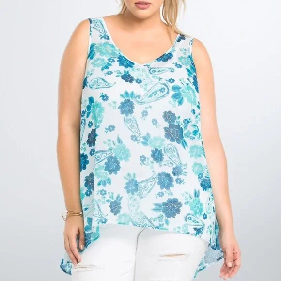 ✨2/$20 *Flawed Torrid Floral Paisley Print Sheer Chiffon Top Blue Plus Size 1X - Picture 2 of 6